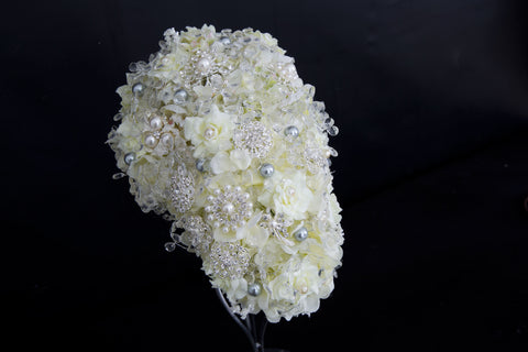 Handmade Cream Silk Ribbon Rose Teardrop Brooch Bouquet by Emerald Isle Bouquets