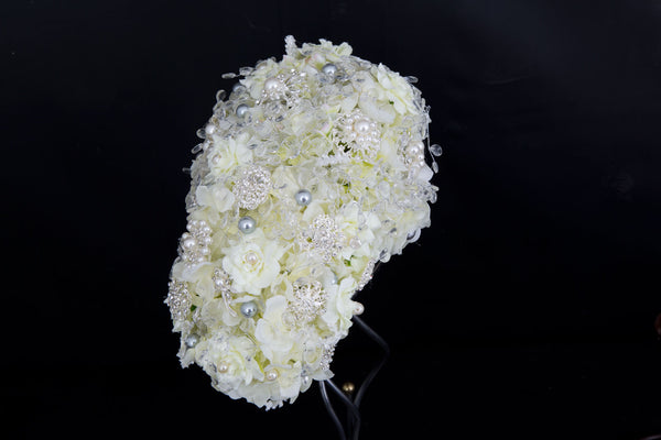 Handmade Cream Silk Ribbon Rose Teardrop Brooch Bouquet by Emerald Isle Bouquets