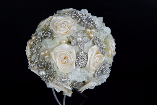 Ivory Silk Ribbon Rose’s Brooch Bouquet by Emerald Isle Bouquets