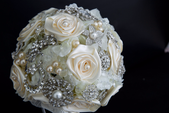Ivory Silk Ribbon Rose’s Brooch Bouquet by Emerald Isle Bouquets