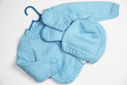 Boys Blue Wool Cardigan, Glove, Hat Set - 20" by Roberta Sturgeon