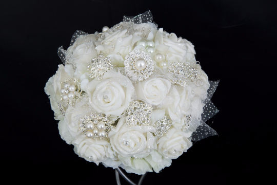 White Brooch Bouquet with Foam Flowers & Pearls by Emerald Isle Bouquets