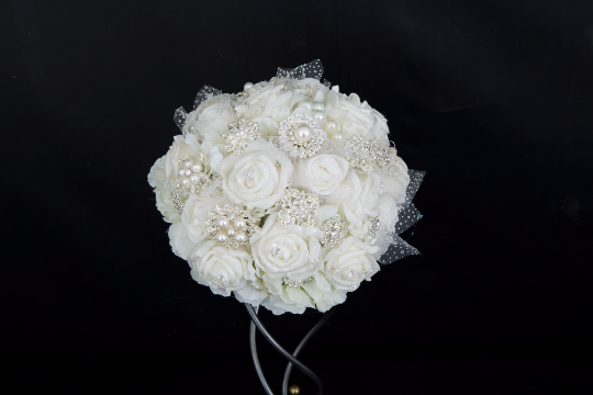 White Brooch Bouquet with Foam Flowers & Pearls by Emerald Isle Bouquets