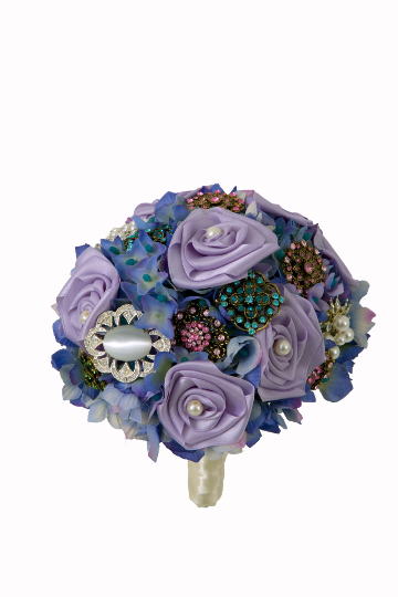 Purple Silk Ribbon Rose’s Teardrop Brooch Bouquet by Emerald Isle Bouquets